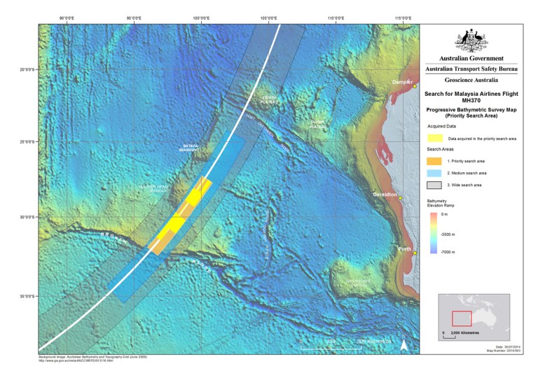 In this map released on July 31, 2014, by the Joint Agency Coordination Centre, details are presented in the search for the missing Malaysia Airlines Flight 370 in the southern Indian Ocean. Australian Transport Minister Warren Truss said on Wednesday, Aug. 6, 2014, that Dutch contractor Fugro Survey Pty. Ltd. will conduct the underwater search for the Malaysian airliner that crashed off the Australian coast in March. (AP Photo/Joint Agency Coordination Centre) EDITORIAL USE ONLY