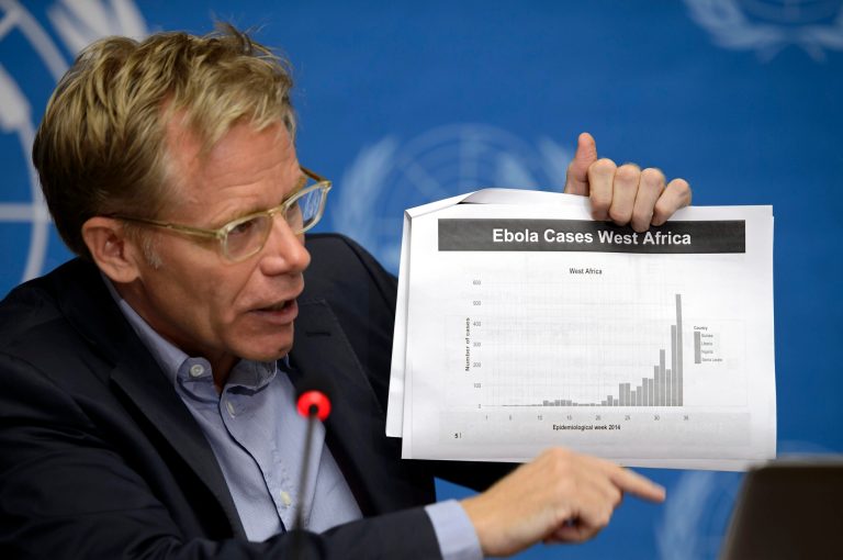 Bruce Aylward, WHO Assistant Director-General, speaks to the media during a press conference about the WHO briefing on the Ebola roadmap. It outlines all actions that need to be taken by affected countries and partners to bring an end to the largest and most complex recorded Ebola outbreak in history, at the European headquarters of the United Nations in Geneva, Switzerland, Thursday, August 28, 2014. (AP Photo/Keystone/Martial Trezzini)