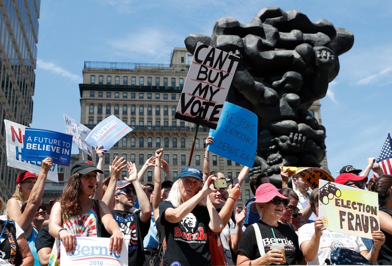 Supporters of Sen. Bernie Sanders, I-Vt., march during a protest in downtown Philadelphia. (AP Photo/Alex Brandon)
