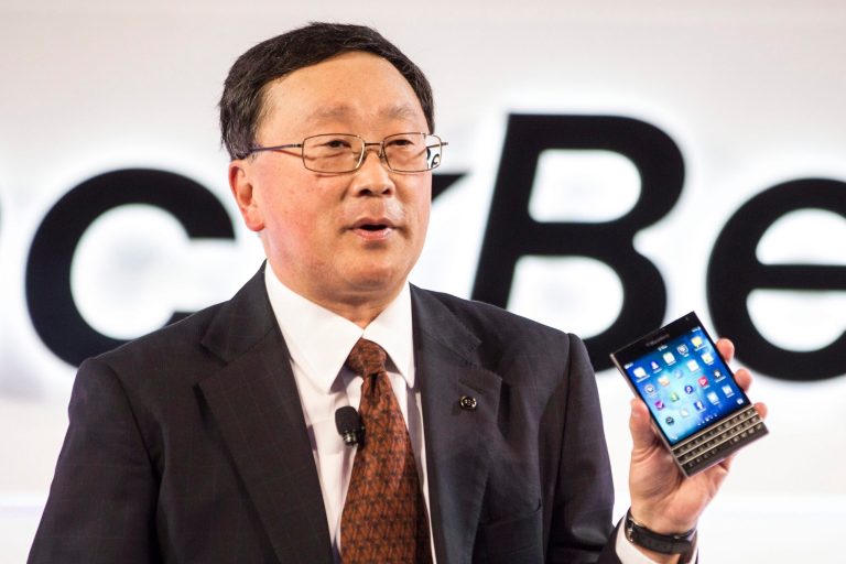 BlackBerry CEO John Chen shows off the company's new Passport device at a launch event in Toronto on Wednesday, Sept. 24, 2014. (AP Photo/The Canadian Press, Chris Young)