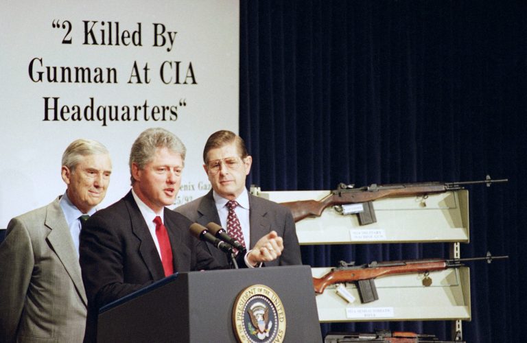 President Bill Clinton, flanked by Treasury Secretary Lloyd Bentsen, left, and Bureau of Alcohol, Tobacco and Firearms Director John Magaw, speaks to law enforcement officials at the White House in Washington on May 2, 1994 to discuss the proposed assault weapon ban. Hollywood stars and others want a new ban after last week's Florida school shootings. (AP Photo/Dennis Cook)