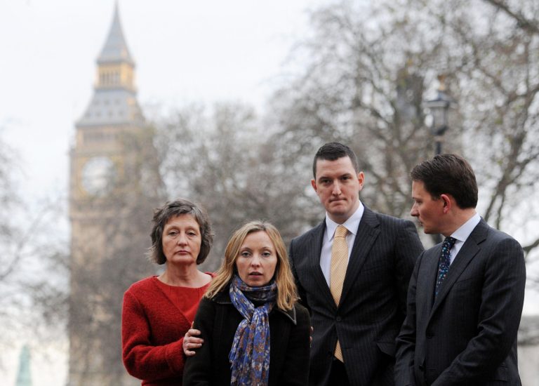   The Finucane family including Geraldine Finucane, left, and her three children, Michael, right, Katherine, 2nd left, and John, 2nd right, arrive to hold a press conference in Westminster, central London, Wednesday, Dec. 12, 2012, after hearing the report by Sir Desmond de Silva into the murder of Belfast solicitor Pat Finucane in 1989. Two gunmen from the Ulster Defense Association shot him more than a dozen times in his Belfast home as he was having Sunday lunch with his wife, Geraldine and three children. Employees of the state and state agents played 