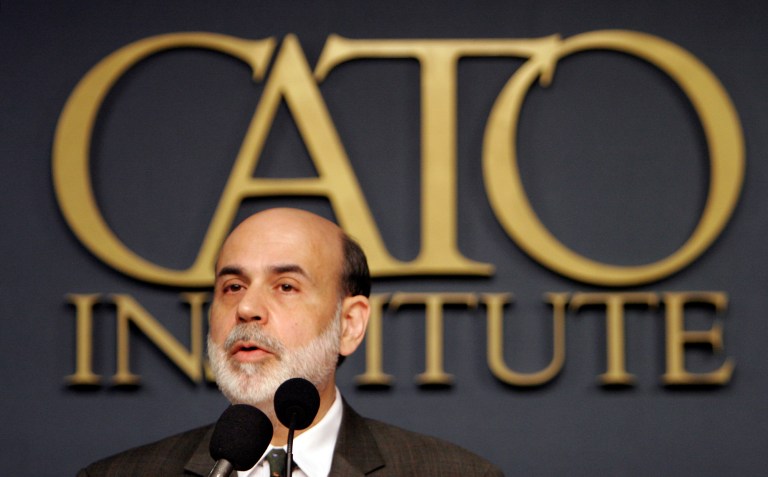 Former Federal Reserve Board Chairman Ben Bernanke speaks at the CATO Institute's annual Monetary Conference, Â Nov. 14, 2007 in Washington. The Cato Institute is promoting a new research center that its president says will fundamentally challenge the central bank and its monetary policy.Â (AP Photo/Caleb Jones)