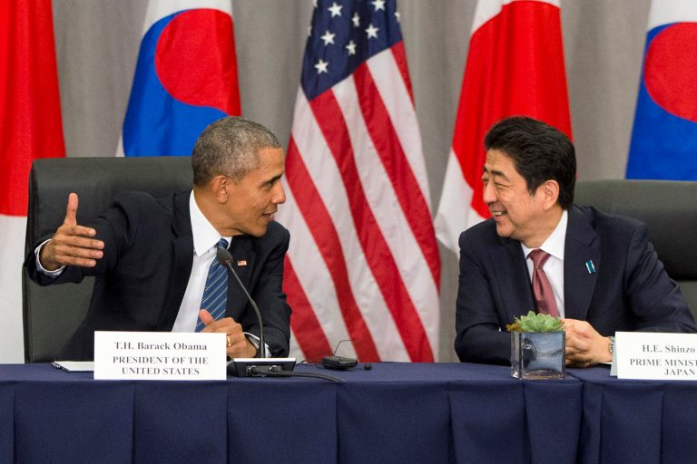 President Obama speaks with Japanese Prime Minister Shinzo Abe during their meeting with South Korean President Park Geun-hye at the Nuclear Security Summit in Washington. (AP Photo/Jacquelyn Martin)