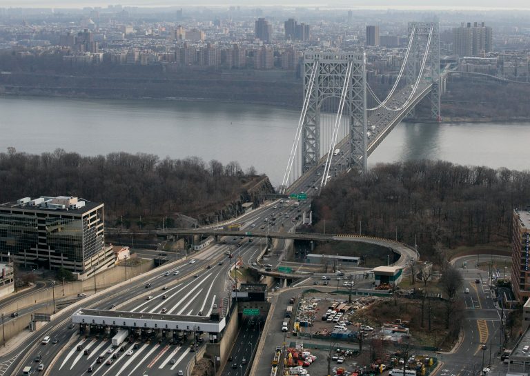 Tollbooth lanes, lower left, lead to the George Washington Bridge in Fort Lee, N.J. (AP/Mark Lennihan)