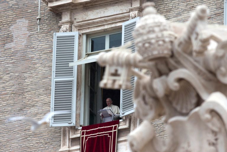 Pope Francis delivers his message during the Angelus prayer from his studio window overlooking St. Peter's Square at the Vatican, Sunday, March 2, 2014. Pope Francis is urging all segments of Ukrainian society to work to overcome incomprehension and build a future together. Francis spoke of what he called Ukraine's 