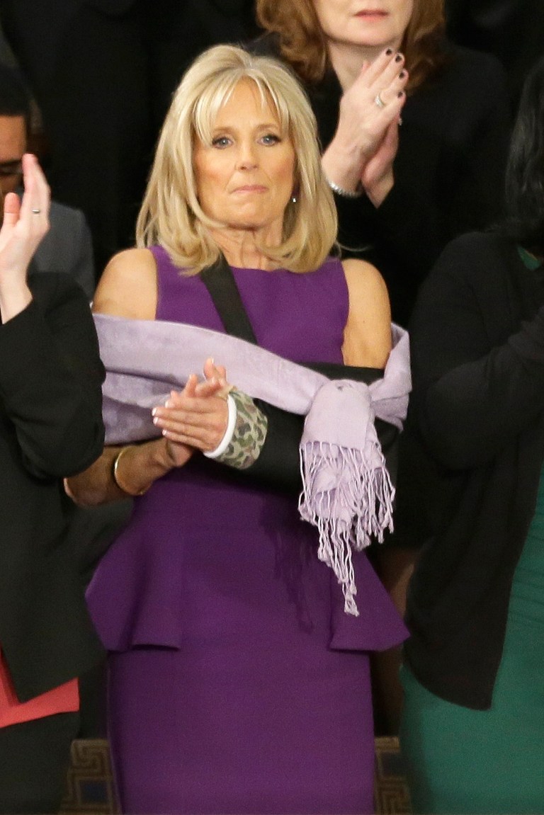 Jill Biden, wife of Vice President Joe Biden applauds during President Barack Obama's State of the Union address on Capitol Hill in Washington, Tuesday Jan. 28, 2014. Mrs. Biden's arm is in a cast after she broke her wrist after a fall. (AP Photo/J. Scott Applewhite)