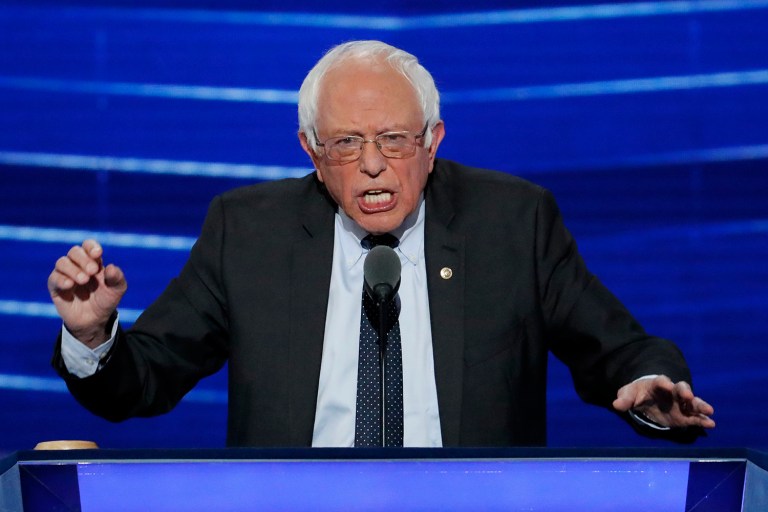 Sen. Bernie Sanders, I-Vt., made an impromptu stop at the California delegation breakfast Tuesday to urge them to unify the Democratic Party. (AP Photo/J. Scott Applewhite)