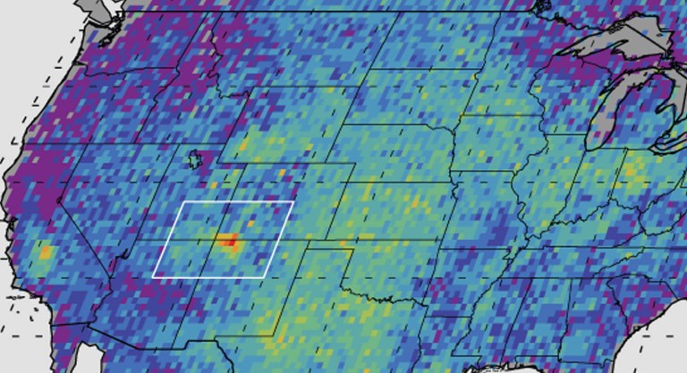 This undated handout image provided by NASA/JPL-Caltech/University of Michigan, shows the Four Corners area, in red, left, the major U.S. hot spot for methane emissions in this digital map. (NASA, JPL-Caltech, University of Michigan via AP, File)