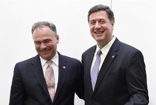 Former Virginia Gov. Tim Kaine, left, and former Sen. George Allen, right, greet each other after the AP Day at the Capitol Senatorial debate at the Capitol in Richmond on Dec. 7.
