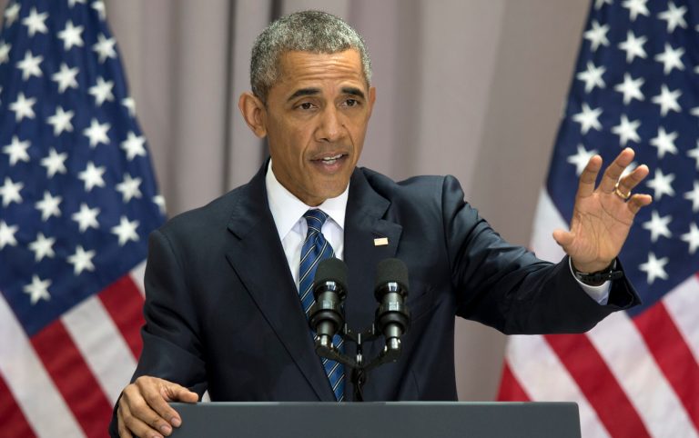President Obama speaks about the nuclear deal with Iran, Wednesday, at American University in Washington. The president said the nuclear deal with Iran builds on the tradition of strong diplomacy that won the Cold War without firing any shots. (AP Photo/Carolyn Kaster)