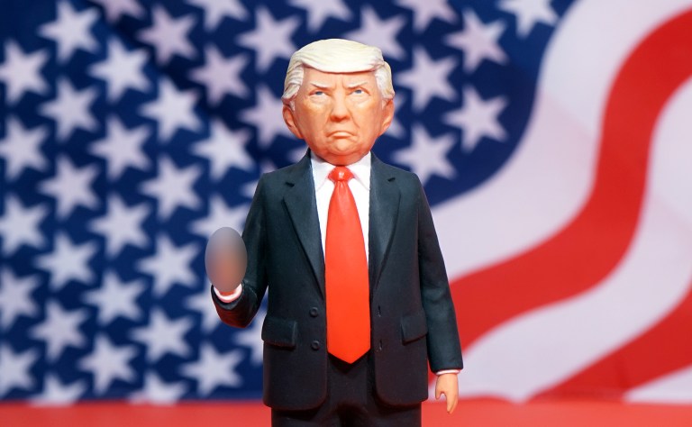 FCTRY has created a doll that looks like Donald Trump, only this doll has a middle finger flipped straight up to the sky. (FCTRY)