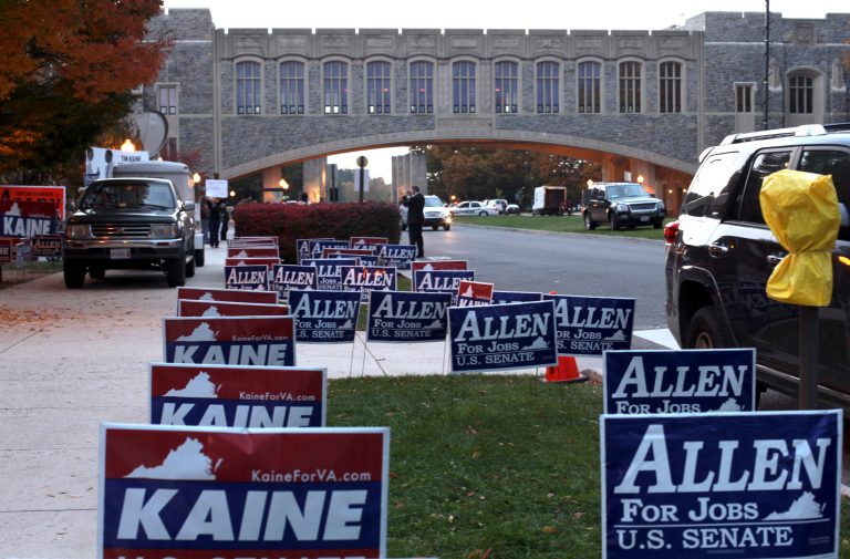 Signs in support of U.S. Senate candidates Tim Kaine and George Allen (AP photo)
