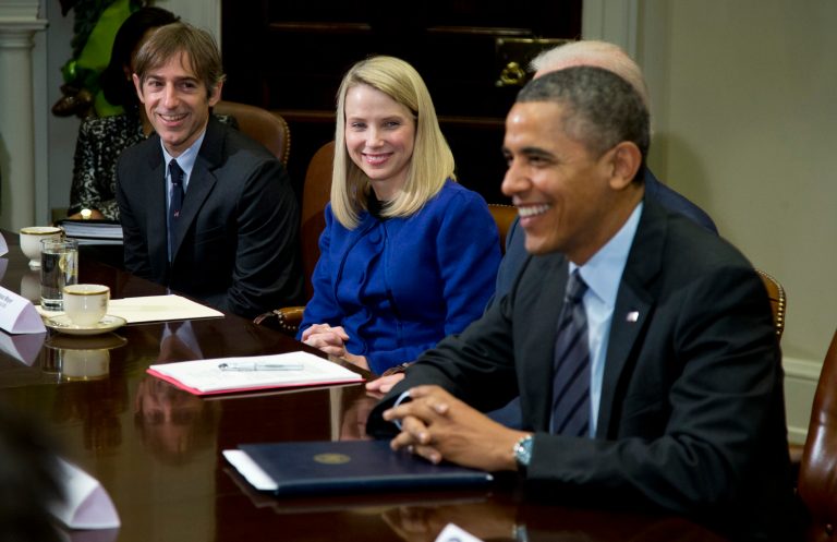 President Barack Obama meets with technology executives in the Roosevelt Room of the White House in Washington, Tuesday, Dec. 17, 2013. From left are, Mark Pincus, founder, Chief Product Officer & Chairman, Zynga; Marissa Mayer, President and CEO, Yahoo!, and Obama. (AP Photo/ Evan Vucci)