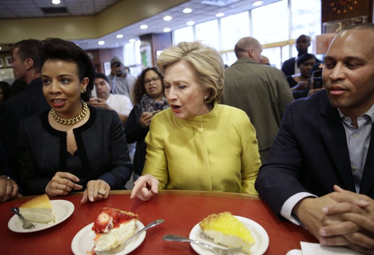 The former secretary of state resisted temptation at a New York cheesecake shop Saturday. (AP Photo/Seth Wenig)