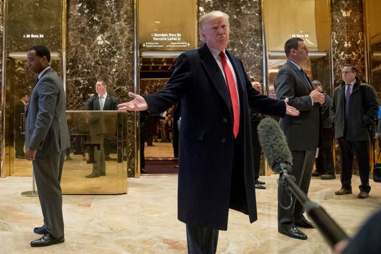 President-elect Donald Trump speaks to members of the media in the lobby at Trump Tower in New York, Tuesday, Dec. 6, 2016. (AP Photo/Andrew Harnik)