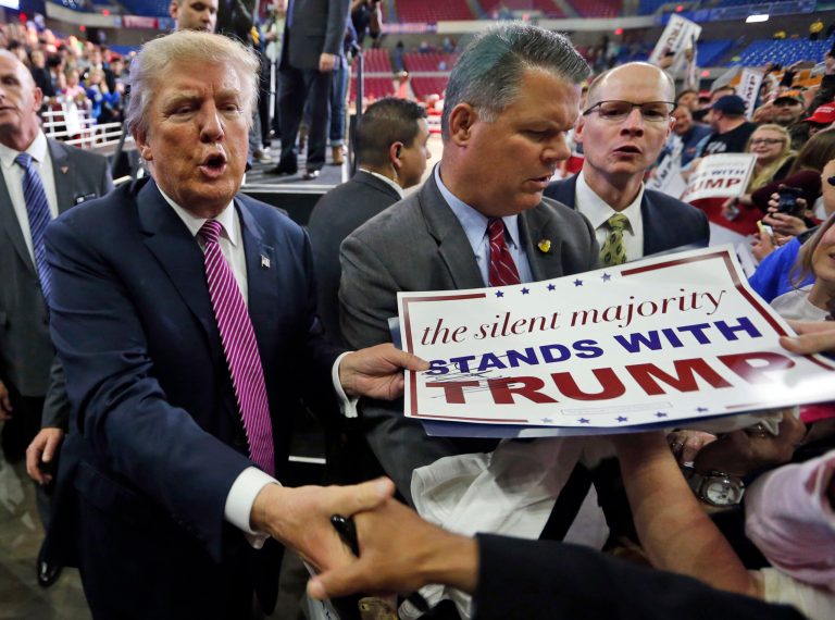 Republican presidential candidate Donald Trump shakes the hand of a supporter during a rally in Charleston, W.Va., Thursday, May 5, 2016. (AP Photo/Steve Helber)