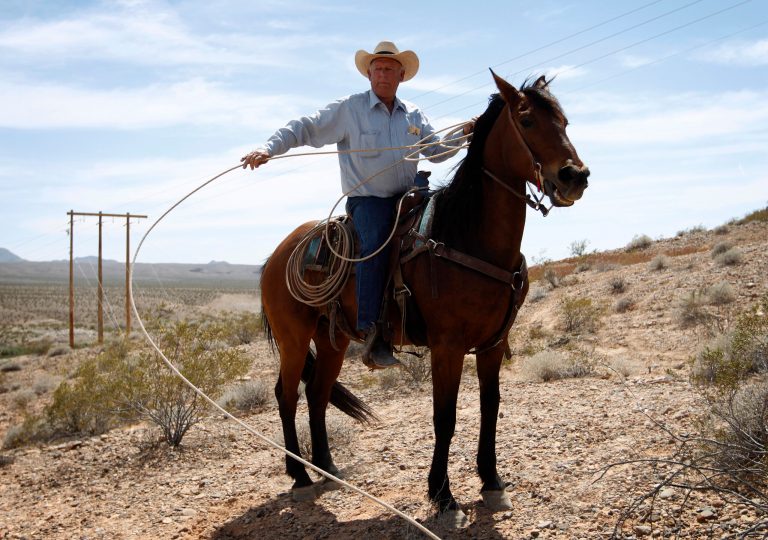 Nevada rancher Cliven Bundy pulls in a rope while on horseback at a protest area near Bunkerville, Nev. Wednesday. (AP Photo/Las Vegas Review-Journal, John Locher)