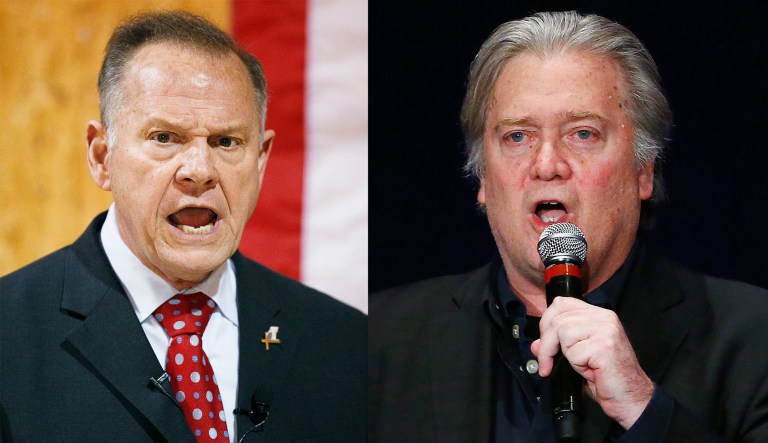 Steve Bannon, former White House chief strategist, viewed Roy Moore as the linchpin of his plan to fan a populist insurgency against Republican Senate incumbents in 2018 primaries. (AP Photos)