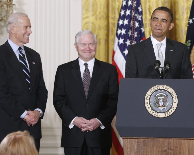 FILE - In this April 28. 2011 file photo, President Barack Obama stands in the East Room of the White House in Washington with, from left: Vice President Joe Biden and  outgoing Defense Secretary Robert Gates.  The White House is bristling over former Defense Secretary Robert Gates' new memoir accusing President Barack Obama of showing too little enthusiasm for the U.S. war mission in Afghanistan and sharply criticizing Vice President Joe Biden's foreign policy instincts.  (AP Photo/Charles Dharapak)