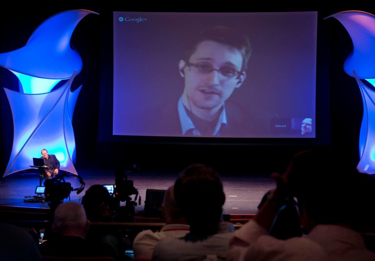 In this June 5 photo, Edward Snowden participates in a conversation via video at the 2014 Personal Democracy Forum in New York. (AP/Richard Drew)