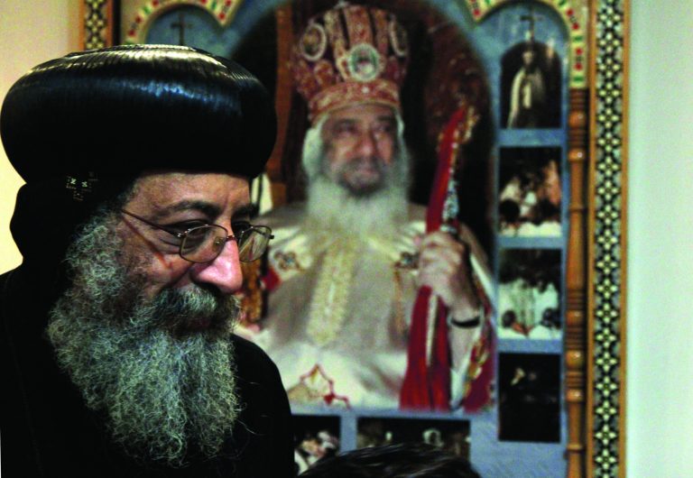 Bishop Tawadros, 60, soon to be Pope Tawadros II greets well-wishers, not shown, after being named the 118th Coptic Pope in the Wadi Natrun Monastery complex northwest of Cairo, Egypt, Sunday, Nov. 4, 2012. Egypt's ancient Coptic Christian church named a new pope on Sunday, Nov. 4, 2012 to spiritually guide the community through a time when many fear for their future with the rise of Islamists to power and deterioration in police powers after last year's uprising. (AP Photo/Roger Anis, El Shorouk Newspaper) EGYPT OUT