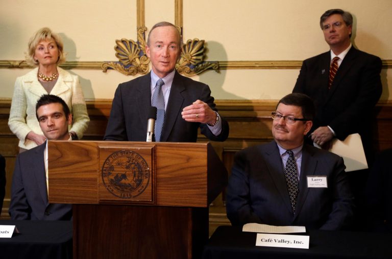   Indiana Gov. Mitch Daniels, along with Lt. Gov Becky Skillman, top left, and Secretary of Commerce Daniel J. Hasler, top right, announce that nine companies will invest in Indiana to create a combine 2,552 jobs over the next few years in Indianapolis, Tuesday, Dec. 11, 2012. Larry Polhill bottom right of Cafe Valley and John Ambriole of Brunswick Fort Wayne Operations, along with representatives of the other seven companies join Daniels for the announcement. (AP Photo/Michael Conroy)  