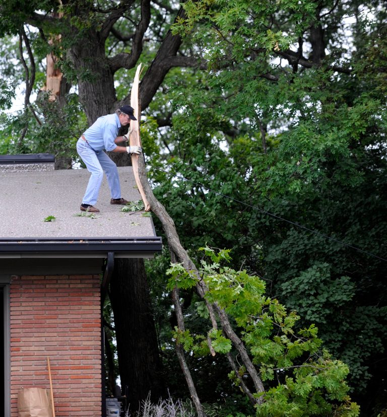 Bill Clements pushes a tree limb from his roof, with a little help from his wife Teri, who had a rope tied to it and pulled as Bill pushed, Monday, July 28, 2014, in Bloomfield Hills, Mich. Crews are working to restore power after series of severe thunderstorms hit Michigan's Lower Peninsula and knocked out power to more than 210,000 homes and businesses. The storms packed winds up to 70 mph that knocked down trees and ripped roofs off buildings. (AP Photo/Detroit News, Charles V. Tines)  DETROIT FREE PRESS OUT; HUFFINGTON POST OUT