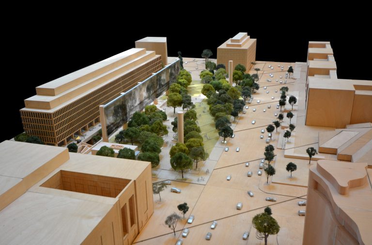 This undated handout image provided by Gehry Partners, LLP shows an aerial perspective of Eisenhower Square looking along Maryland Avenue, SW and Independence Avenue in Washington. Architect Frank Gehry is revising the design for a memorial honoring President Dwight D. Eisenhower near the National Mall after objections have delayed the project. On Thursday, Gehry's team will propose eliminating metal tapestries on the sides of the memorial square, along with some columns. The designers are trying to win approval from the National Capital Planning Commission. The federal panel voted to reject a previous design in April. (AP Photo/ Architect Frank Gehry is revising the design for a memorial honoring President Dwight D. Eisenhower near the National Mall after objections have delayed the project. (AP Photo/Gehry Partners, LLP)