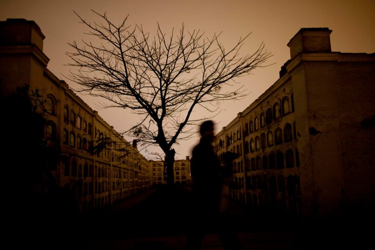   In this Nov. 10, 2012 photo, a leafless tree stands in the Presbitero Matias Maestro cemetery as a man walks by during a nighttime guided tour in Lima, Peru. Visitors to the 54-acre cemetery just 20 blocks from Lima's presidential palace, one of Latin America's oldest, are treated to tales about the people buried here in a three-hour, nighttime guided tour run by its owner, Beneficiencia de Lima. (AP Photo/Rodrigo Abd)  
