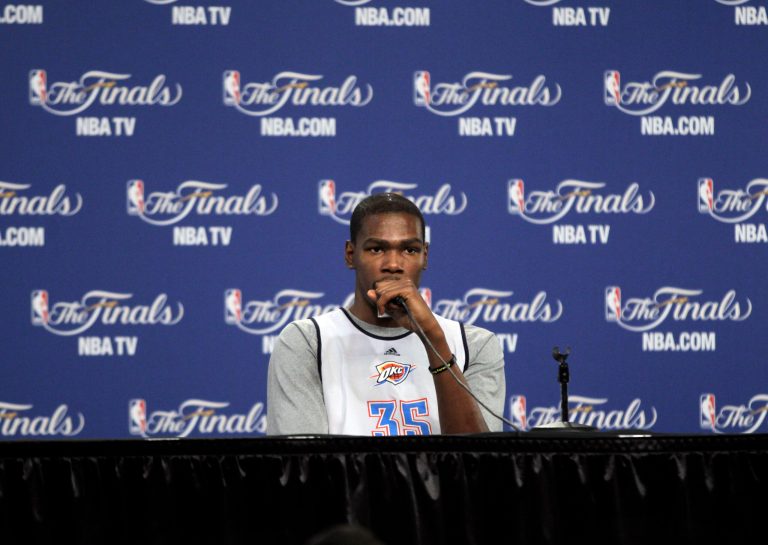   Oklahoma City Thunder forward Kevin Durant answer questions after practice, Monday, June 11, 2012, in Oklahoma City. Game 1 of NBA basketball finals between the Miami Heat and Thunder is scheduled for Tuesday. (AP Photo/Jeff Roberson)  
