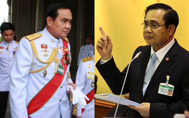 This combination of file photos shows at left, National Council for Peace and Order (NCPO) Chairman Gen. Prayuth Chan-ocha arriving to attend the opening ceremony of the house at the old Parliament building on Aug. 7, 2014, in Bangkok, Thailand, and at right Prayuth talking to members of the National Legislative Assembly at the Parliament in Bangkok on Monday, Aug. 18, 2014. When Thailand's military ruler appears in public, he usually is seen in full military regalia. On Monday, addressing the nation's junta-appointed legislature to propose the upcoming fiscal year's budget, Prayuth showed up in markedly different attire - a business-like dark blue suit with a sky blue tie. (AP Photos/Files)