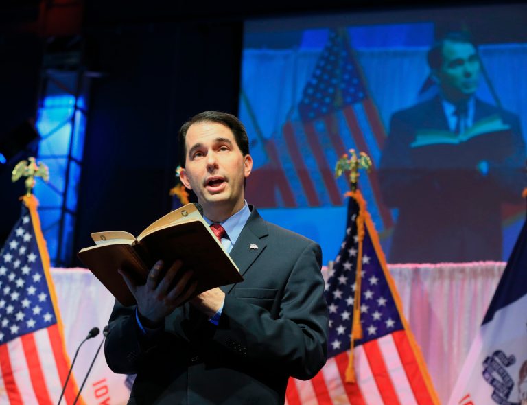 Wisconsin Gov. Scott Walker leads the Iowa Republican Caucus with 21 percent of likely caucus participants. (AP Photo)