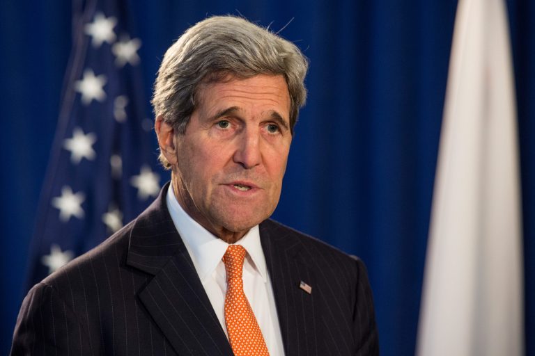 Secretary of State John Kerry attends a press conference announcing a reconfirmation and revision to the 'Guidelines for U.S.-Japan Defense Cooperation,' created by the U.S.-Japan Security Consultative Committee on April 27, 2015 in New York City. (Photo by Andrew Burton/Getty Images)