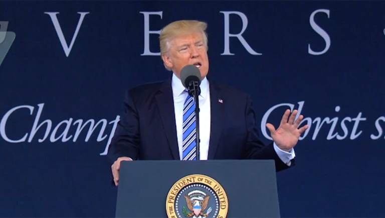 President Trump on Saturday bashed critics during his commencement speech at Liberty University. (Screenshot)