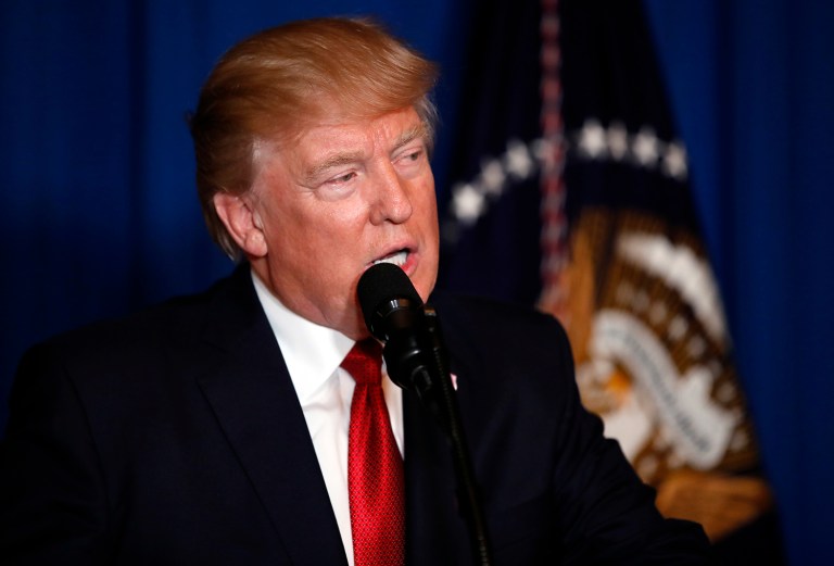 President Donald Trump speaks at Mar-a-Lago in Palm Beach, Fla., Thursday, April 6, 2017, after the U.S. fired a barrage of cruise missiles into Syria Thursday night in retaliation for this week's gruesome chemical weapons attack against civilians. 