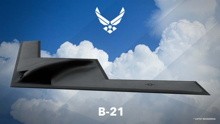 Air Force Secretary Deborah Lee James unveiled an artist's rendering of the long range strike-bomber designated the B-21 during the Air Force Association Air Warfare Symposium on Friday. (U.S. Air Force)