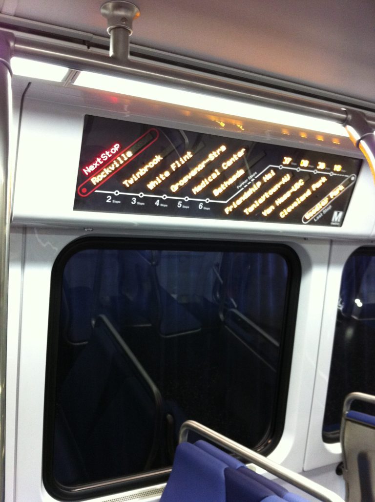 No more looking out the window to see where you are. The new rail cars feature electronic station maps that light up to show where the train is along the line. Interior LED signs will also list which station is next. The exterior of the car features two destination signs, not just one, to make it easier for riders to see which train to board. (Kytja Weir/Examiner)