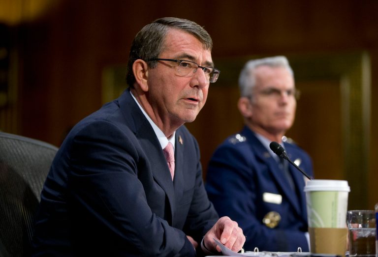 Defense Secretary Ash Carter, left, and Joints Chiefs Vice Chairman Gen. Paul Selva, testify on Capitol Hill in Washington, Wednesday, Dec. 9, 2015, before the Senate Armed Service Committee hearing on the Islamic State. (AP Photo/Pablo Martinez Monsivais)