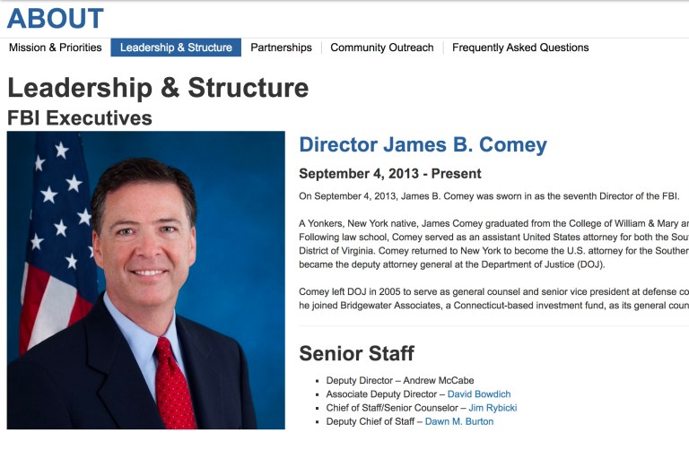 The FBI's website remains unchanged, listing Comey as director and McCabe as deputy director. (Screengrab/FBI.gov)