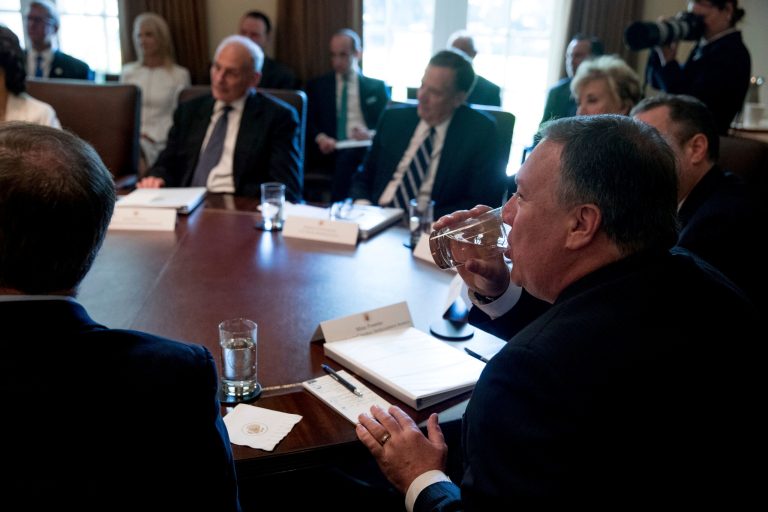 CIA Director Mike Pompeo, right, and others, attends a Cabinet meeting with President Donald Trump June 12, 2017, in the Cabinet Room of the White House in Washington. (AP Photo/Andrew Harnik)