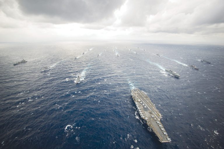 The aircraft carrier USS George Washington (CVN 73), center-right, leads the George Washington Carrier Strike Group and Japan Maritime Self-Defense Force ships in tactical maneuver training. (U.S. Navy photo by Mass Communication Specialist 3rd Class Ricardo R. Guzman/Released)