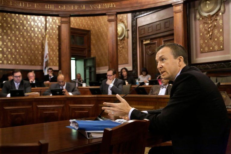 FILE - In this May, 22, 2014 file photo, Illinois Sen. Andy Manar, D-Bunker Hill, speaks to lawmakers at the Illinois State Capitol in Springfield, Ill. House Republicans are stepping into the fray to try to stymie a school-funding overhaul that would shift money to impoverished districts. The overhaul is being sponsored by Sen. Manar who told reporters Monday Sept. 29, 2014 that his legislation would fix a broken, unfair funding formula. He says it's necessary and has had input from all over the state.(AP Photo/Seth Perlman,File)