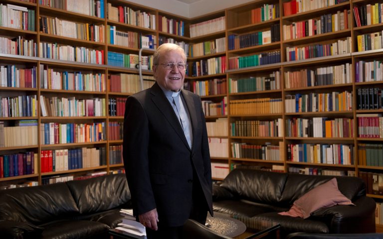 In this photo taken on  Wednesday, Sept. 17, 2014, Cardinal Walter Kasper poses for the photographer after an interview with the Associated Press,  in his home at the Vatican. The German theologian says he fully expected the knives would come out when, at Pope Francis' request, he made a suggestion that challenged a deep church taboo and has dominated debate ahead of a landmark meeting on Catholic family life that opens this weekend - the fate of Catholics who divorce, and the outcome will be a key test of how far Francis' reform agenda will go. (AP Photo/Domenico Stinellis)
