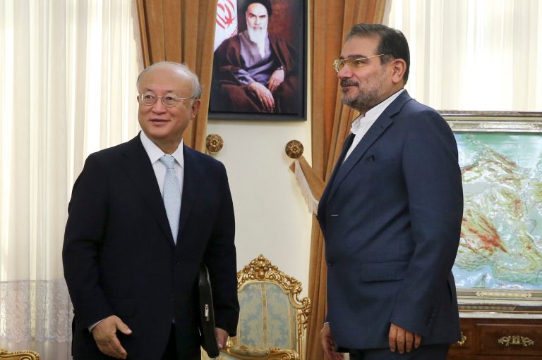 Secretary of Iran's Supreme National Security Council Ali Shamkhani, right, welcomes IAEA Director Generak Yukiya Amano, at the start of their meeting in Tehran, Iran, Thursday, July 2, 2015. (AP Photo)Â 