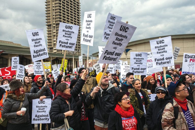 Teachers rally at the University of Illinois at Chicago to support a one-day strike held by the Chicago Teachers Union in Chicago on April 1. Teachers said it was aimed at getting lawmakers to adequately fund schools in the nation's third-largest district. (Zbigniew Bzdak/Chicago Tribune)