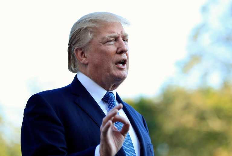 President Donald Trump speaks to reporters upon his return to the White House in Washington, Sunday, Sept. 24, 2017. (AP Photo/Manuel Balce Ceneta)