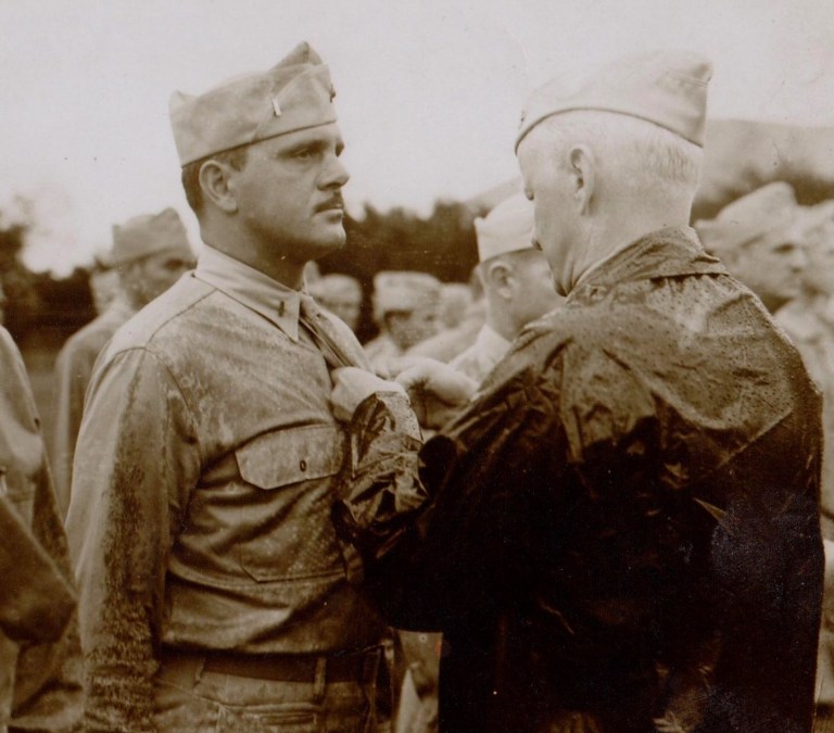 Marine Corps Lt. Frank Tachovsky receives Silver Star for his team's heroics in the taking of Saipan in World War II. The group of "40 Thieves" is the focus of a book by his son, Joseph.