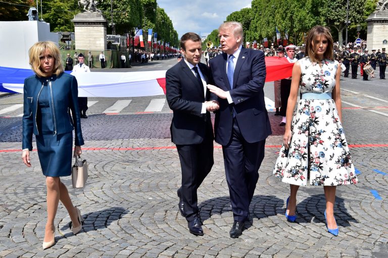 President Trump and French President Emmanuel Macron's physical handshakes have made news in the past, but the 29-second encounter at Friday's Bastille Day parade in Paris was analyzed frame-by-frame by the major networks. (Christophe Archambault, Pool via AP)