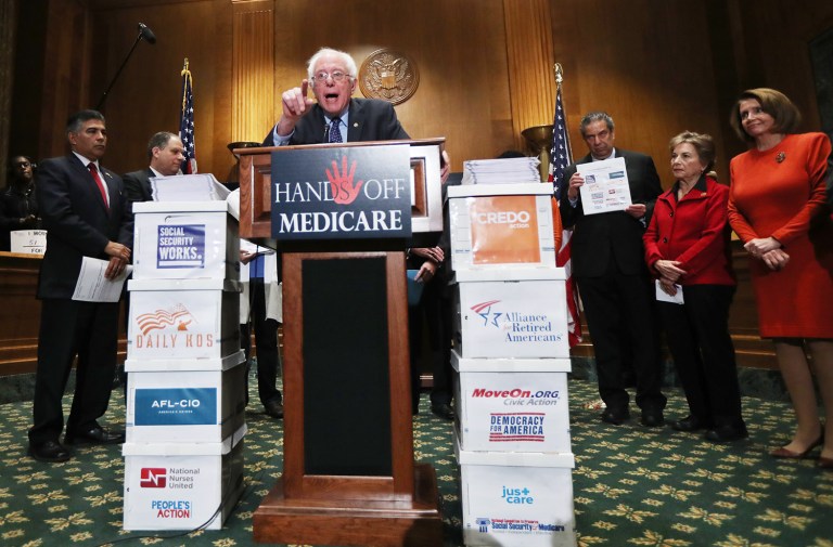 Sen. Bernie Sanders, I-Vt., speaks during a news conference on Capitol Hill in Washington, Wednesday, Dec. 7, 2016, to deliver over million petition signatures demanding that President-elect Donald Trump and Republicans in Congress 